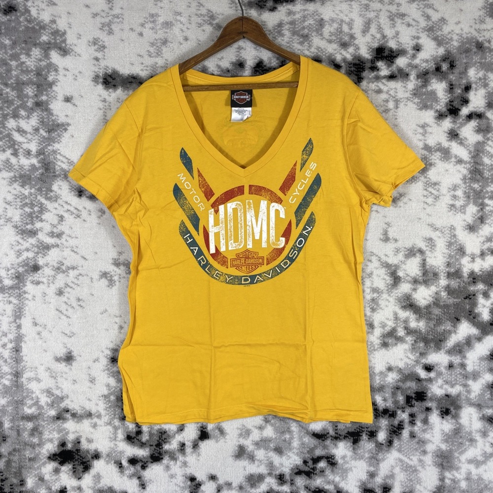 Harley Davidson Shirt Womens Size Extra Large Yellow HDMC V-Neck